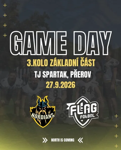 🏈 GAME DAY JE TADY! SEVER MÍŘÍ DO PŘEROVA! ⚔️ Dnes nás čeká 3. kolo základní části flag fotbalu. Vyrážíme na hřiště TJ 