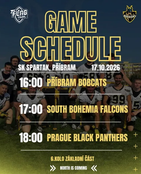 Poslední turnaj základní části je tady! 🏈⚔️ V sobotu 17. 10. míříme do Příbrami, kde nás čeká závěrečné 6. kolo základn